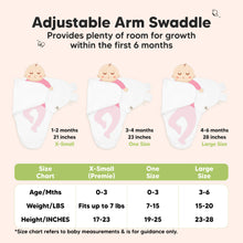 Load image into Gallery viewer, Adjustable Arm Swaddle
Provides plenty of room for growth within the first 6 months
X-Small (Premie)
Age 0-3 Months
Weight in lbs - Fits up to lbs
Height in inches - 17 to 23
One Size
Age 0-3 Months
Weight in lbs - 7 to 15
Height in inches - 19 to 25
Large
Age 3-6 Months
Weight in lbs - 15 to 20
Height in inches - 23 to 28
*Size chart refers to baby measurements & is for guidance only.