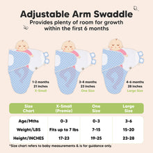 Load image into Gallery viewer, Adjustable Arm Swaddle
Provides plenty of room for growth within the first 6 months
X-Small (Premie)
Age 0-3 Months
Weight in lbs - Fits up to lbs
Height in inches - 17 to 23
One Size
Age 0-3 Months
Weight in lbs - 7 to 15
Height in inches - 19 to 25
Large
Age 3-6 Months
Weight in lbs - 15 to 20
Height in inches - 23 to 28
*Size chart refers to baby measurements & is for guidance only.