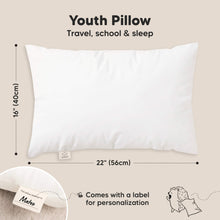 Load image into Gallery viewer, Youth Pillow - Travel, school & sleep. Size at 16x22 inches (Comes with a label for personalization)