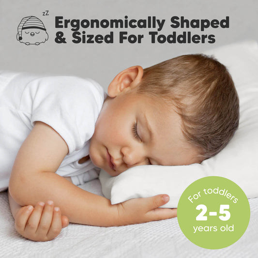 Ergonomically shaped toddler pillow designed for proper head and neck support for ages 2–5.-on-hover