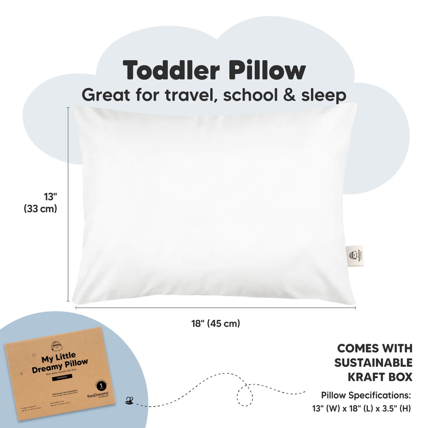 Toddler pillow sized 13 x 18 inches for travel, school, naps, and everyday sleep. 26077258580154