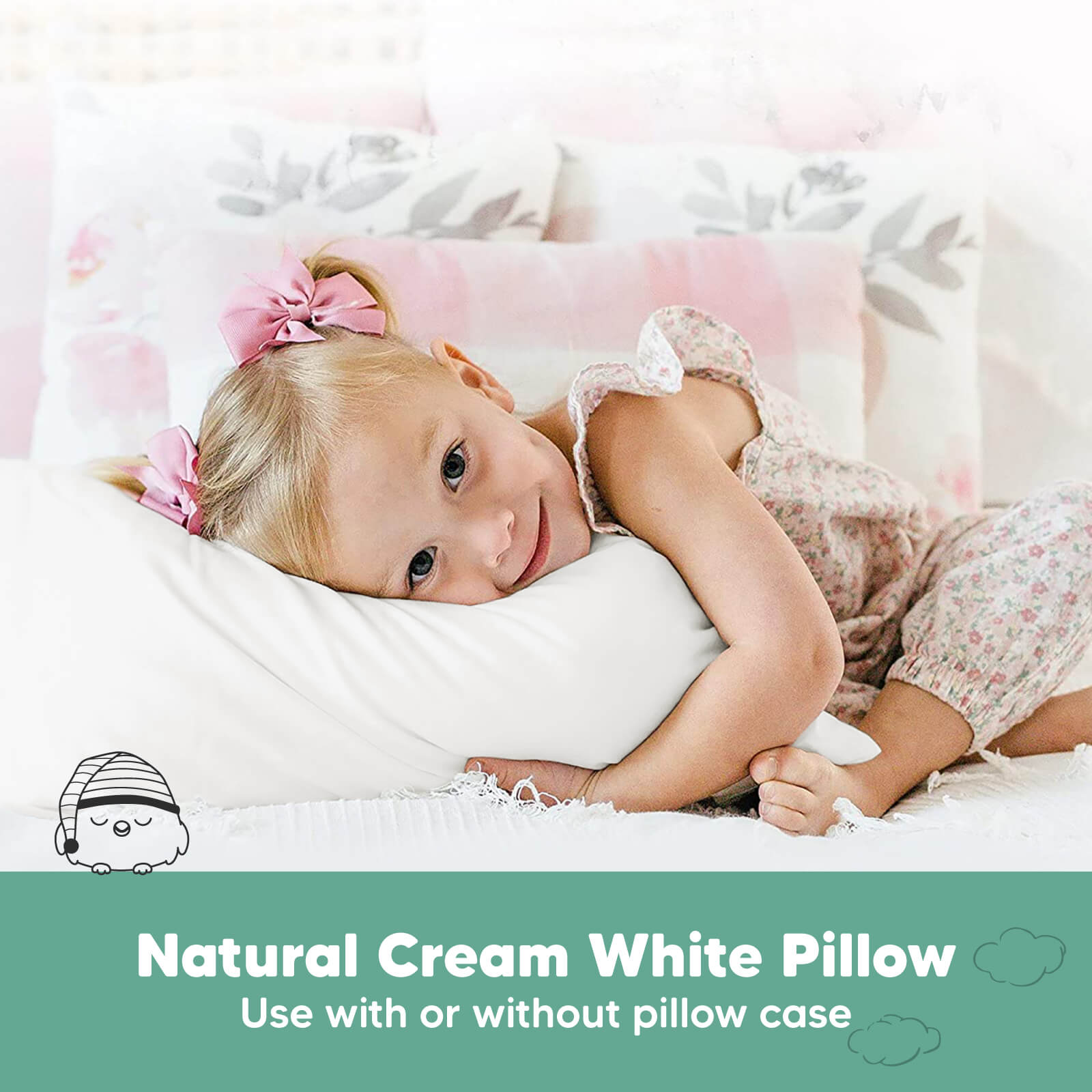 Natural cream white toddler pillow suitable for use with or without a pillowcase. 26077258678458