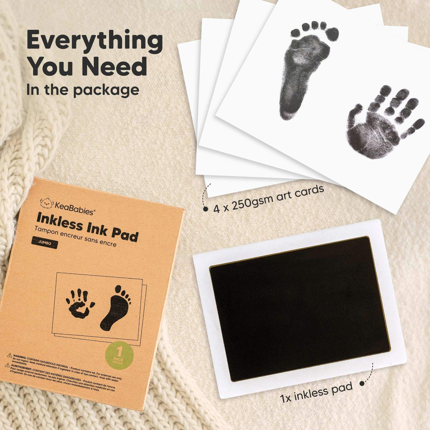 Everything You Need In the Package. 4 x 250 gsm art cards, 1x inkless ink pad 
 32646623854778