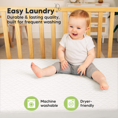 Machine-washable crib mattress protector designed for frequent washing and durability. 31213584974010