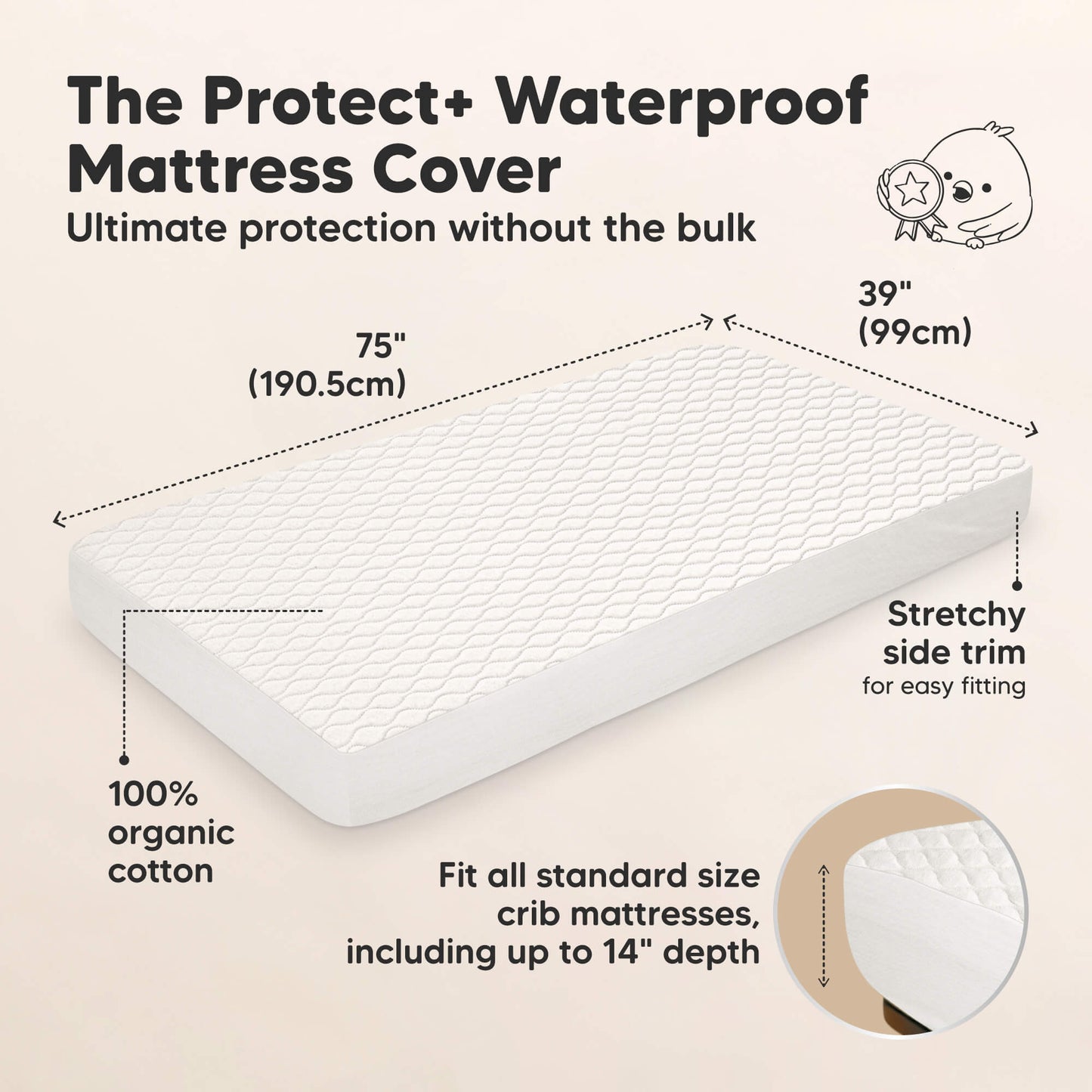 The Protect+ Waterproof Mattress Cover - Ultimate protection without the bulk. Size at 75" x 39", Fit all standard size crib mattresses including up to 14" depth. (100% organic cotton and Stretchy side trim) 32388676616378