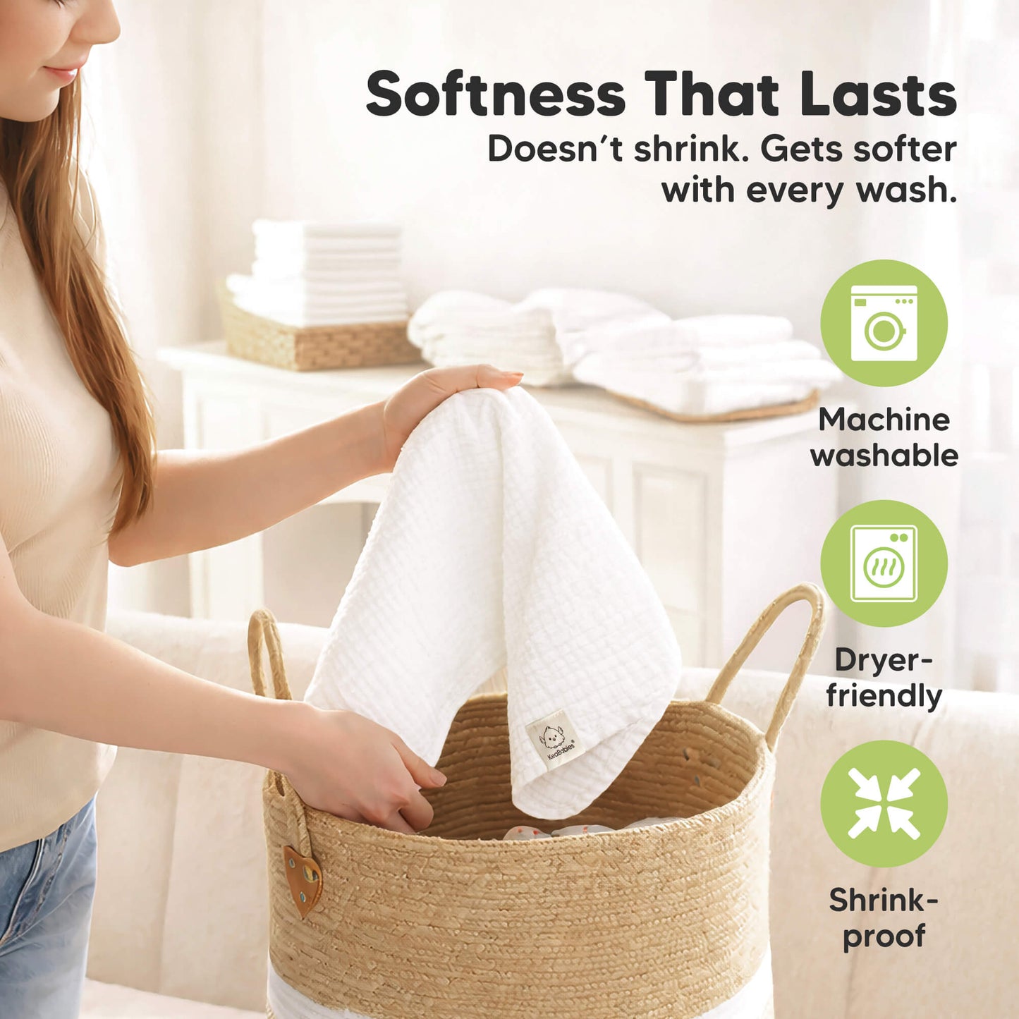 Softness That Lasts - Doesn't shrink. Gets softer with every wash. (Machine washable, Dryer-friendly, and Shrink-proof) 31798257975482