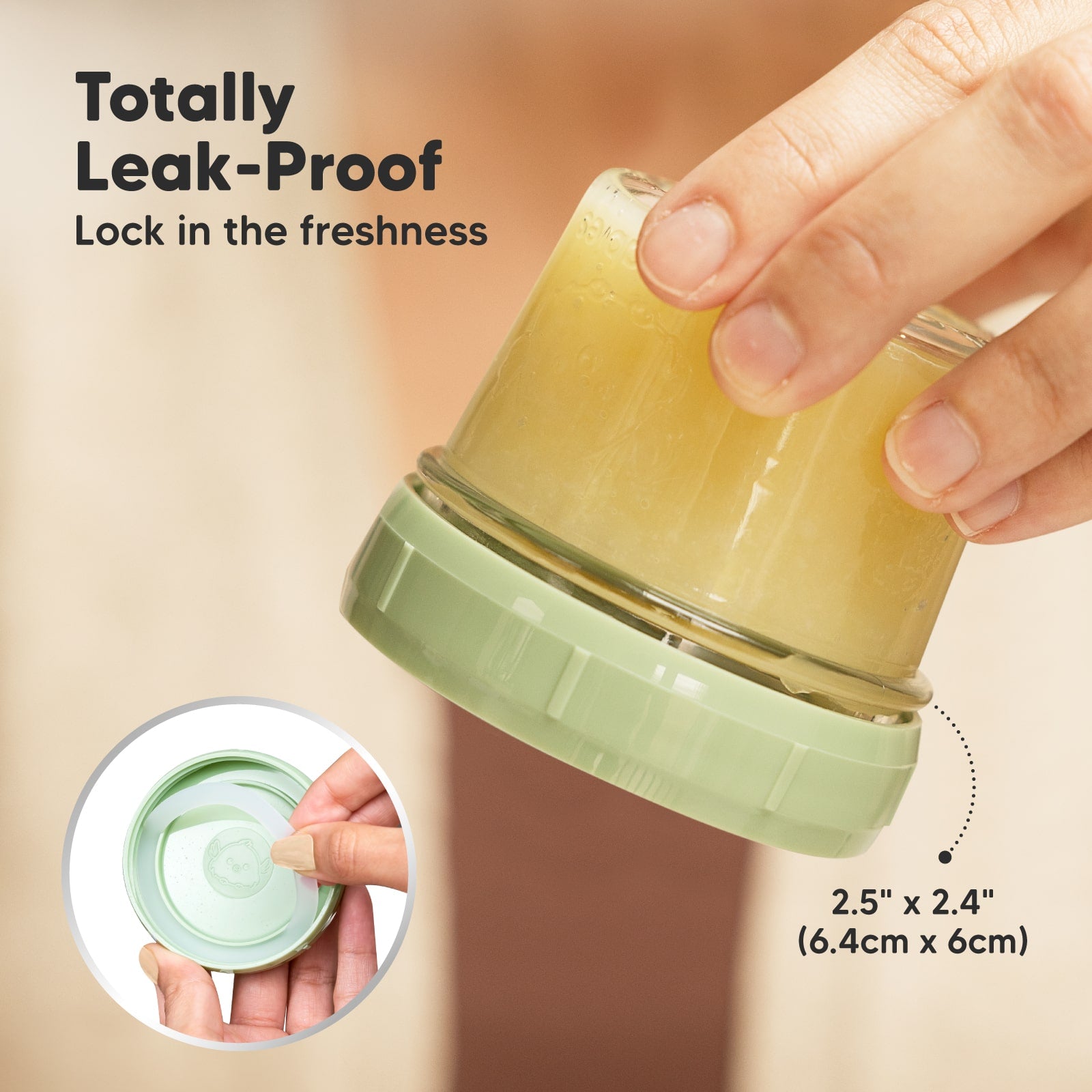 Totally Leak-Proof to lock in freshness. 2.5" x 2.4" (6.4x6cm) 27404127404218