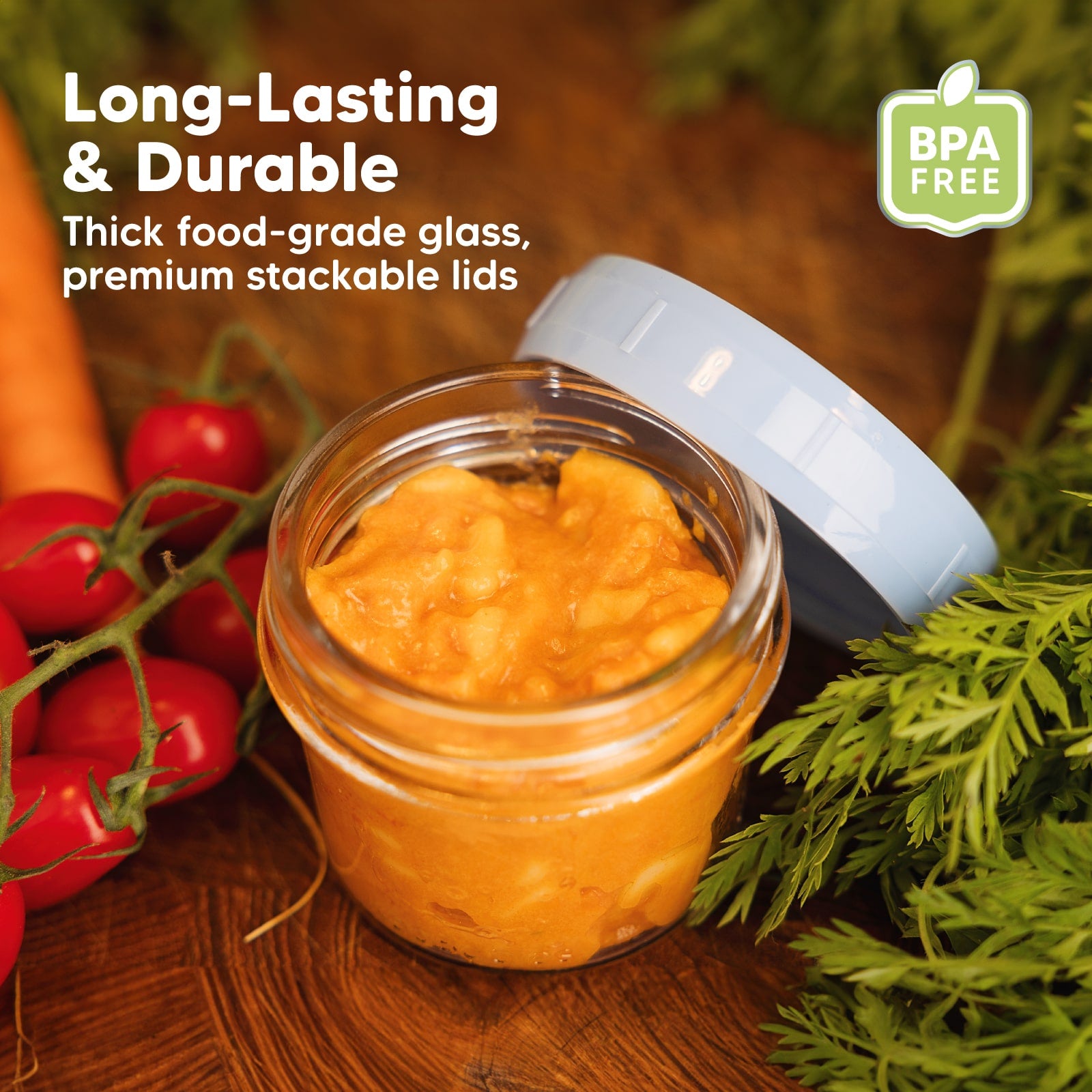 Long-Lasting & Durable made with thick food-grade glass and premium stackable lids, BPA-free.
 27404127535290