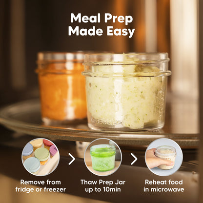 Meal Prep Made Easy, remove from fridge or freezer, thaw prep jar up to 10 minutes, then reheat food in the microwave.
 27404127436986