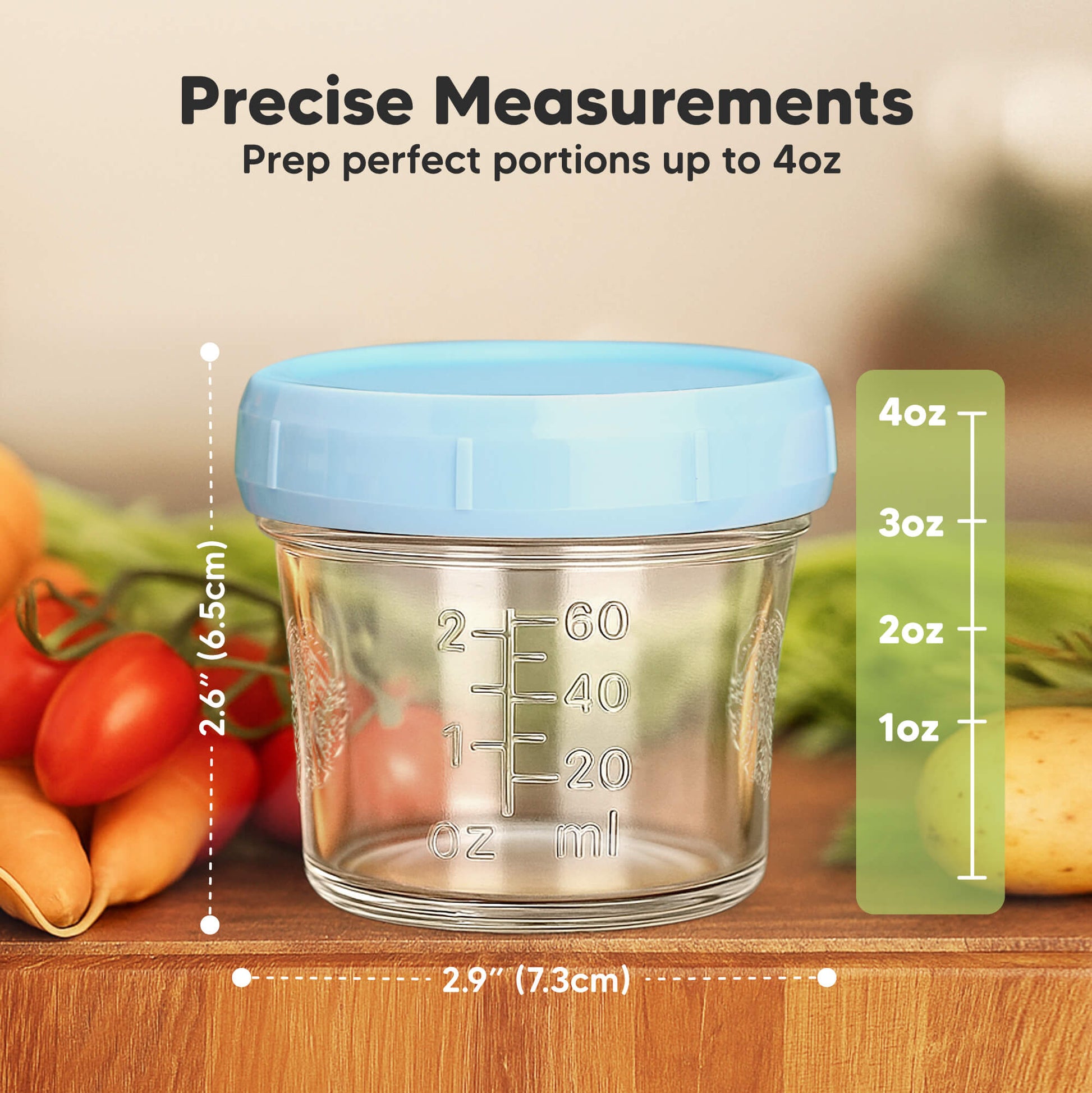 Precise Measurements 2.6" (6.5cm) x 2.9" (7.3cm), Prep perfect portions up to 4oz, Measurement markings: 1oz, 2oz, 3oz, 4oz.
 30609007902906