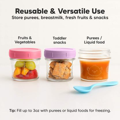 Reusable & Versatile Use, Store purees, breastmilk, fresh fruits & snacks, Fruits & Vegetables, Toddler snacks, Purees / liquid food, Tip: Fill up to 3oz with purees or liquid foods for freezing.
 30609008033978