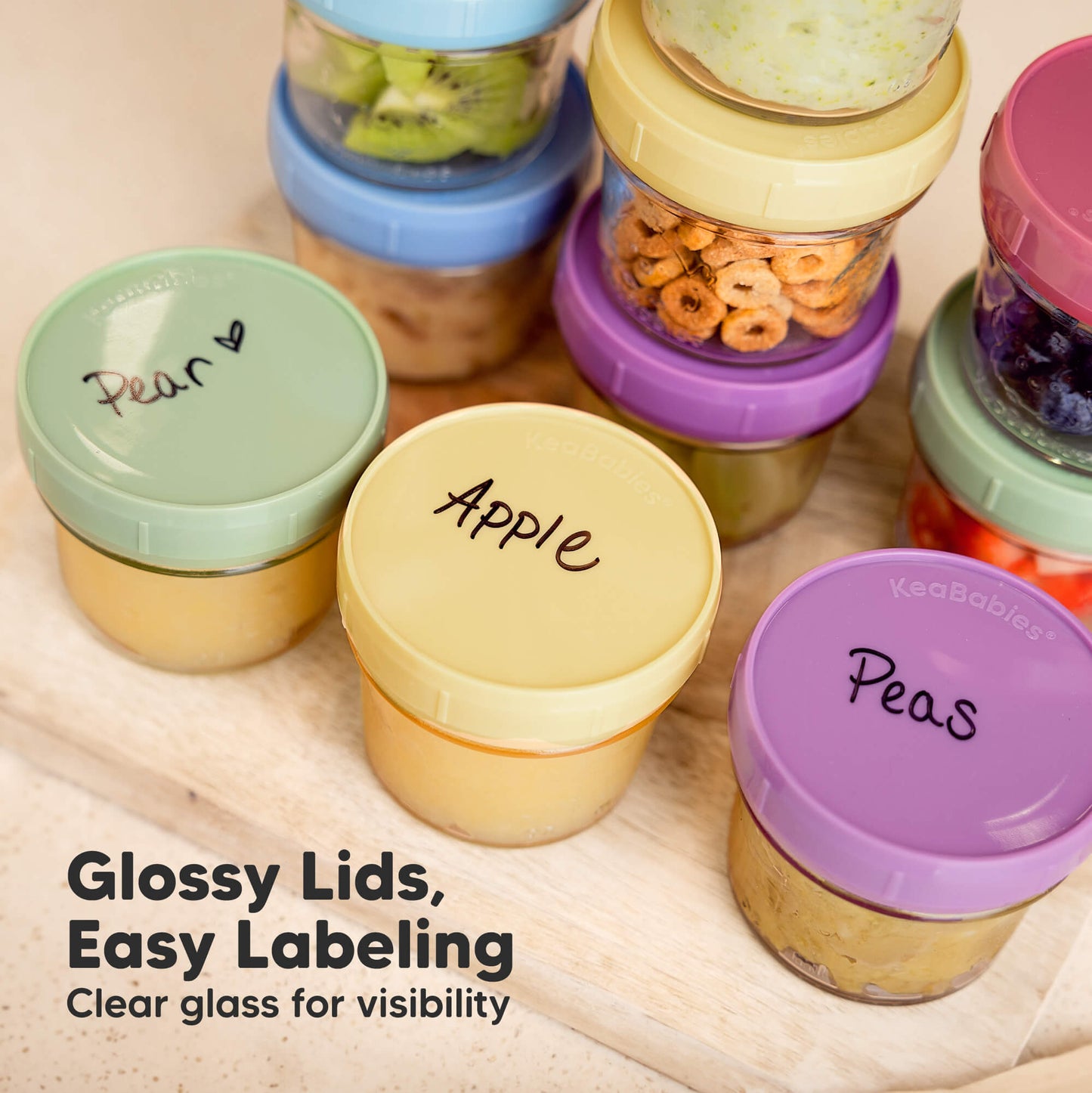 Glossy Lids, Easy Labeling, Clear glass for visibility.
 30609008066746
