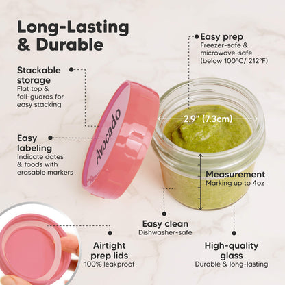 Long-Lasting & Durable, Stackable storage, Flat lids for easy stacking, Easy labeling, Airtight prep lids (100% leak-proof), Easy clean (dishwasher-safe), High-quality glass, Measurement markings up to 4oz.
 30609008132282