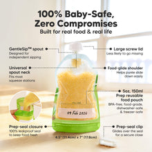 Load image into Gallery viewer, 100% Baby-Safe, Zero Compromises - Built for real food &amp; real life. Size at 4.5" x 7". (GentleSip™ spout, Universal spout neck, Prep-seal closure, Large screw lid, Food-glide shoulder, 5oz, 150ml Prep reusable food pouch, and Prep-seal clip)

