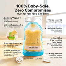 Load image into Gallery viewer, 100% Baby-Safe, Zero Compromises. Built for real food &amp; real life. GentleSip™ spout, Universal spout neck, Prep-seal closure, Tamper evident lid, Large screw lid, Food-glide shoulder, 5oz, 150ml Prep reusable food pouch, BPA-free, food-grade, dishwasher-safe &amp; freezer-safe, Prep-seal clip
