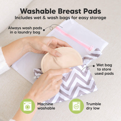 Washable Breast Pads that includes wet & wash bags for easy storage, machine washable, tumble dry low. Always wash pads in a laundry bag, Wet bag to store used pads.
 32178989957306