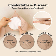 Load image into Gallery viewer, Comfortable &amp; Discreet -Cone shaped for a perfect bra fit. 

Medium: Fits 30A–36C, 4.6” / 11.7 cm
Large: Fits 32C–38D, 5” / 12.7 cm
X-Large: Fits 40B &amp; above, 5.6” / 14.2 cm

Tip: Size down if between sizes
