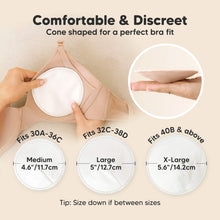 Load image into Gallery viewer, Comfortable &amp; Discreet -Cone shaped for a perfect bra fit. 

Medium: Fits 30A–36C, 4.6” / 11.7 cm
Large: Fits 32C–38D, 5” / 12.7 cm
X-Large: Fits 40B &amp; above, 5.6” / 14.2 cm

Tip: Size down if between sizes
