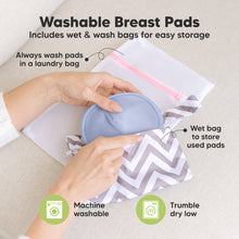 Load image into Gallery viewer, Washable Breast Pads that includes wet &amp; wash bags for easy storage, machine washable, tumble dry low. Always wash pads in a laundry bag, Wet bag to store used pads.

