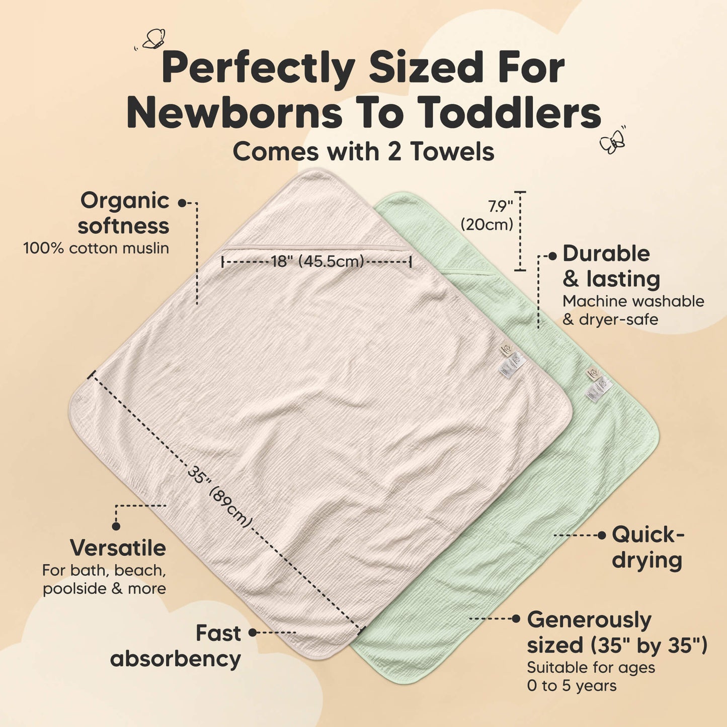 Perfectly sized hooded baby towels, set of two, 35" x 35", quick-drying, fast-absorbing, machine washable and dryer-safe for ages 0 to 5 years. 30514288230586