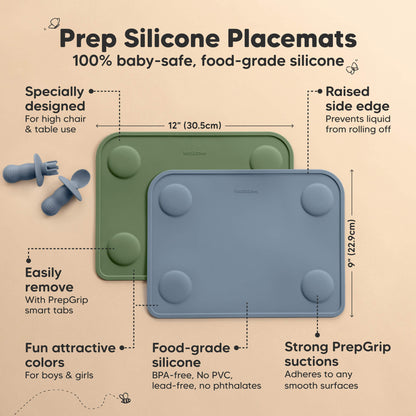 Prep silicone placemats are baby-safe, food-grade, BPA-free mats sized 12 × 9 inches with raised edges and strong suction.
 29125705728186