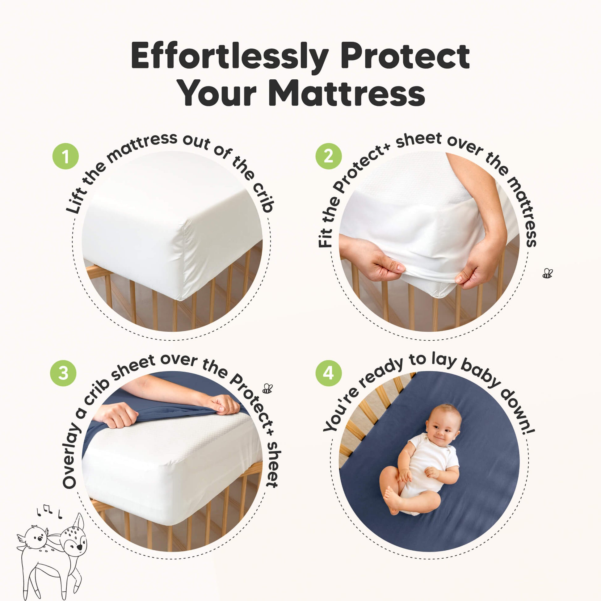 Effortlessly protect your mattress with a stretchable fitted cover that installs in four easy steps.
 29129312239802
