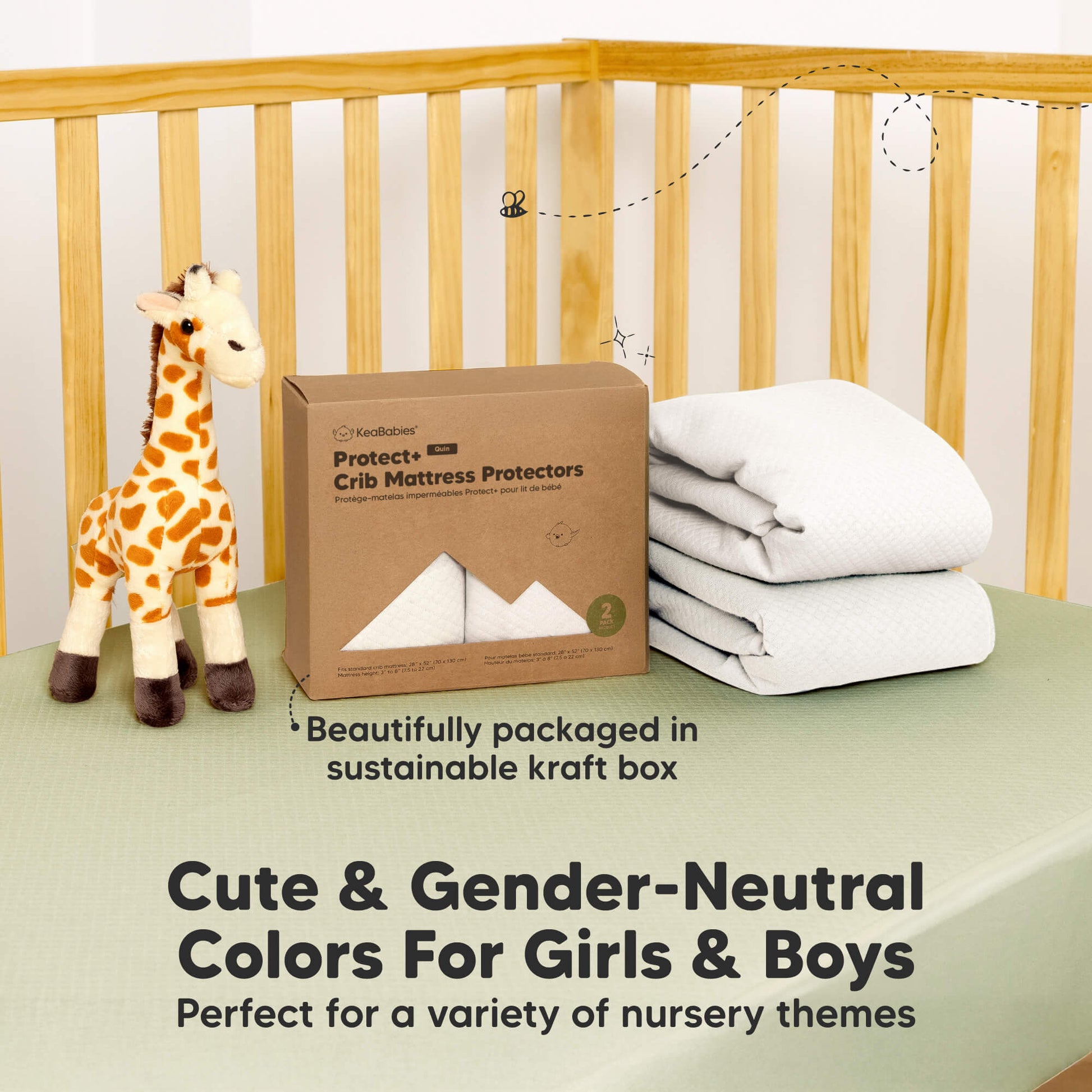 Cute gender-neutral colors mattress protector comes beautifully packaged in a sustainable kraft box.
 29129313484986