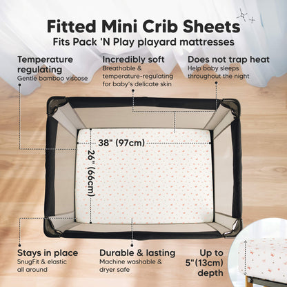 Fitted Mini Crib Sheets. Fits Pack 'N Play playard mattresses. Temperature regulating, Incredibly soft, does not trap heat, stays in place, durable & long lasting. Length is 38 inches, Width is 26 inches and height is up to 5 inches 29592222990522
