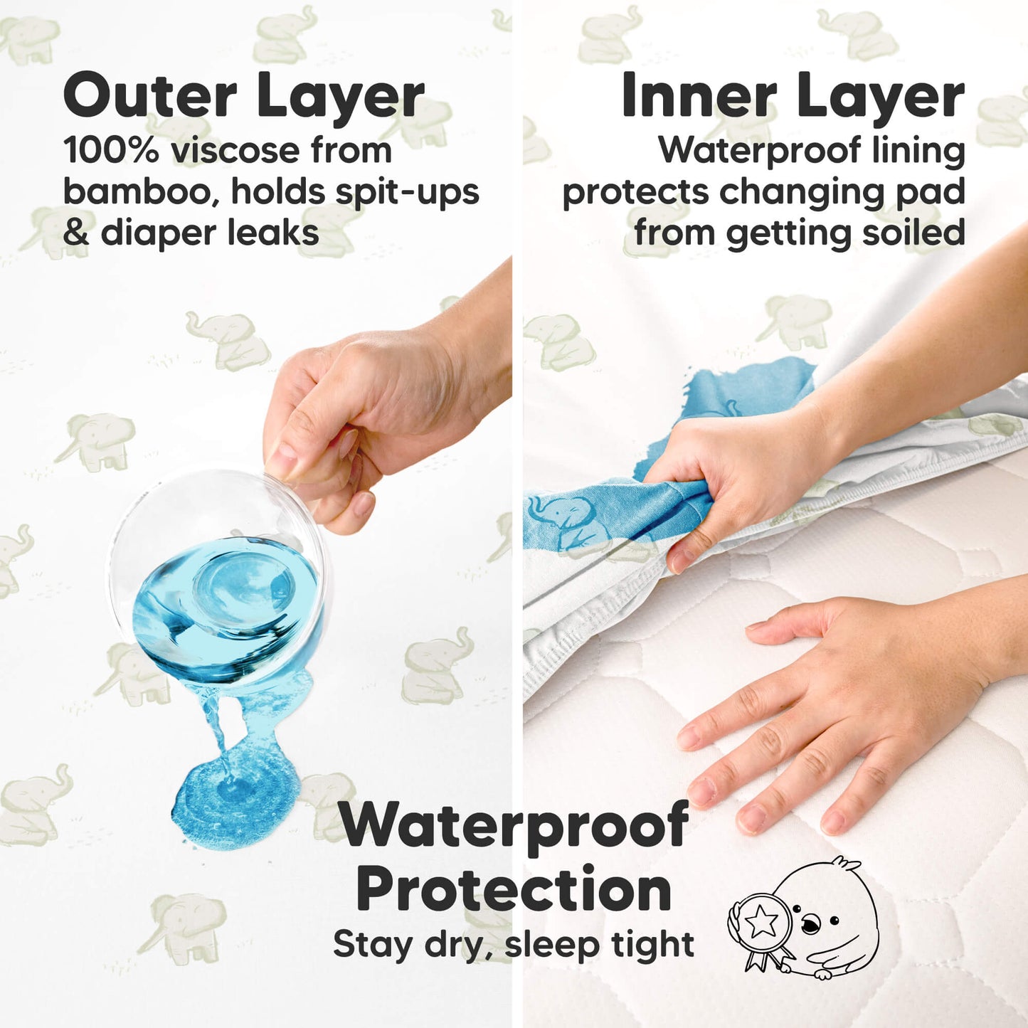 Waterproof Protection - Stay dry, sleep tight (Outer Layer: 100% viscose from bamboo, holds spit-ups & diaper leaks) (Inner Layer: Waterproof lining protects changing pad from getting soiled)
 31741876273338