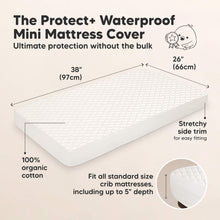 Load image into Gallery viewer, The Protect+ Waterproof Mini Mattress Cover -  Ultimate protection without the bulk, 100% organic cotton and Stretchy side trim for easy fitting (size 38"x26". Fit all standard size crib mattresses, including up to 5" depth).

