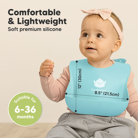 Comfortable and Lightweight soft silicone bib sized 12" x 8.5" suitable for babies 6–36 months.
