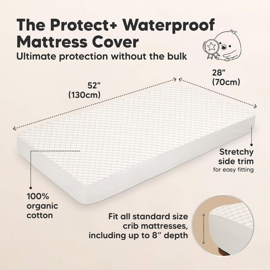 Protect waterproof mattress cover measures 52 × 28 inches, fits standard crib mattresses up to 8 inches deep, and is made of 100% organic cotton.
-on-hover