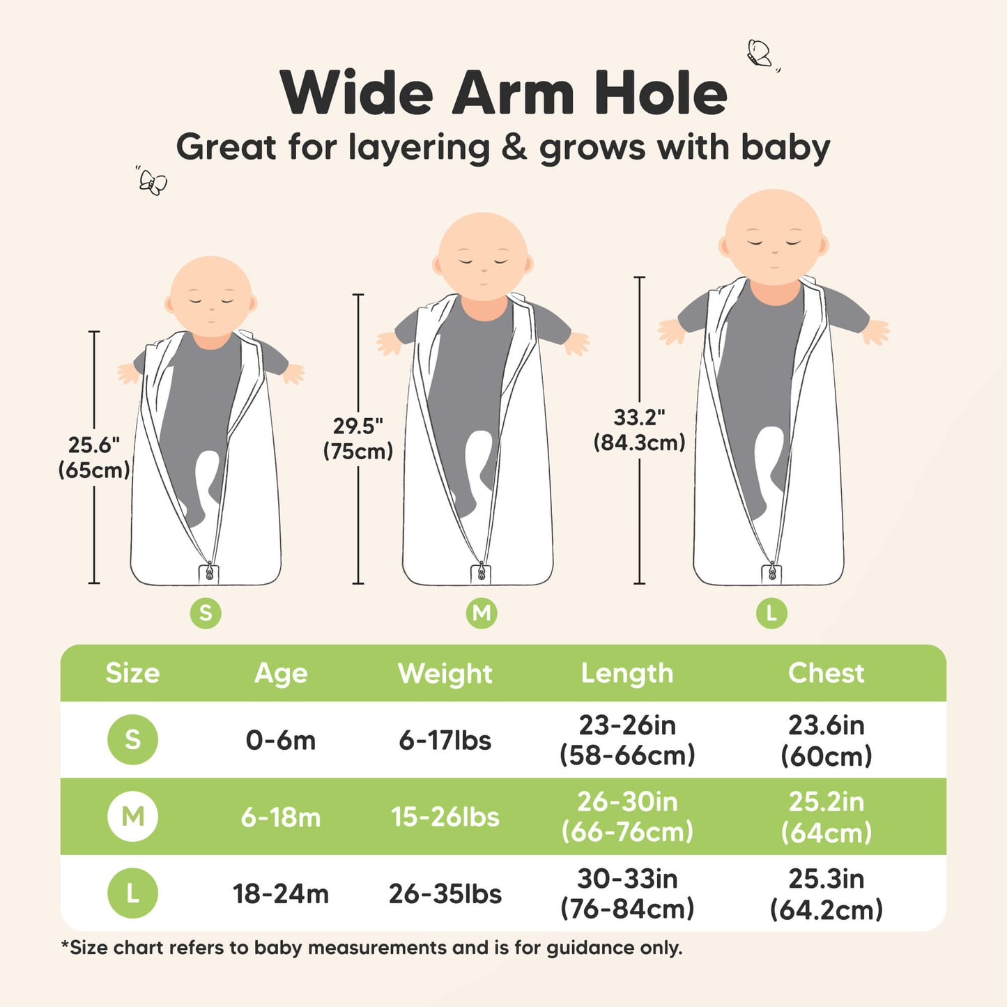 Wide Arm Hole (great for layering and grows with baby) - Small (0-6months, 6-17lbs weight, 23-26" length, 23.6" chest wide), Medium (6-18months, 15-26lbs weight, 26-30" length, 25.2" chest wide), Large (18-24months, 26-35lbs weight, 30-33" length, 25.3" chest wide) 31868400271546