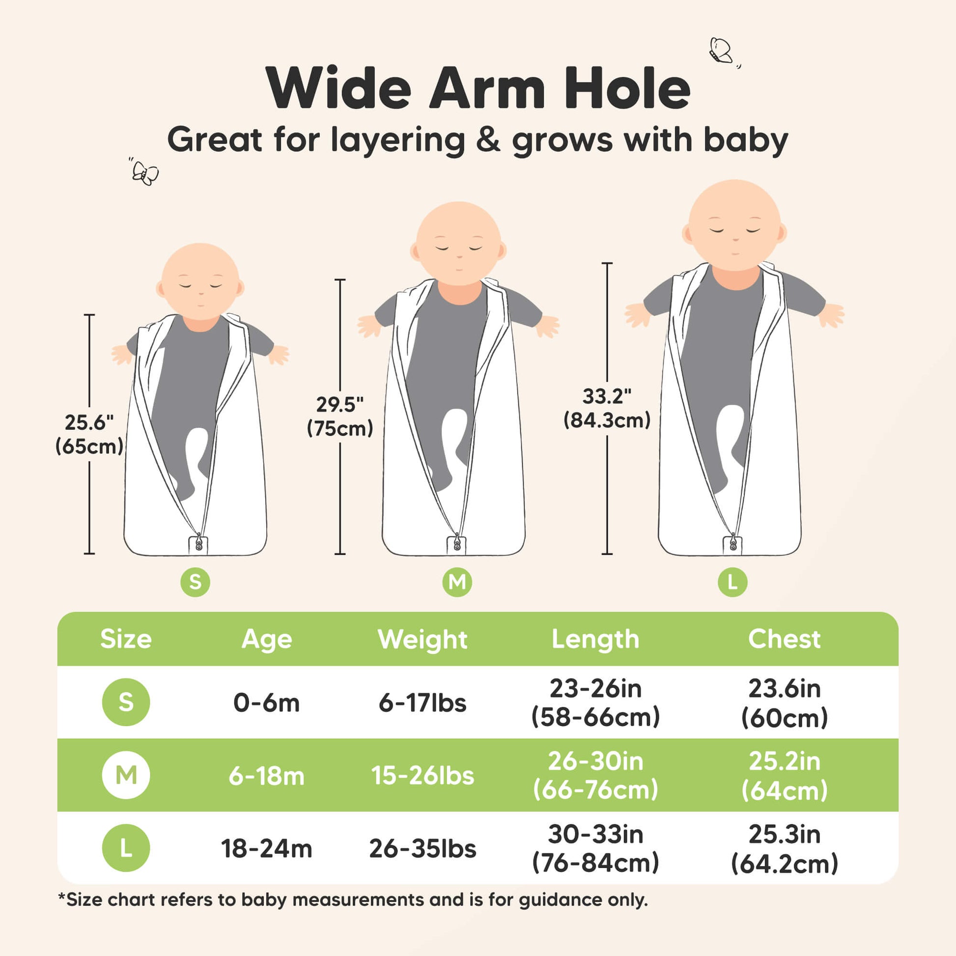 Wide Arm Hole (great for layering and grows with baby) - Small (0-6months, 6-17lbs weight, 23-26" length, 23.6" chest wide), Medium (6-18months, 15-26lbs weight, 26-30" length, 25.2" chest wide), Large (18-24months, 26-35lbs weight, 30-33" length, 25.3" chest wide) 31868400271546