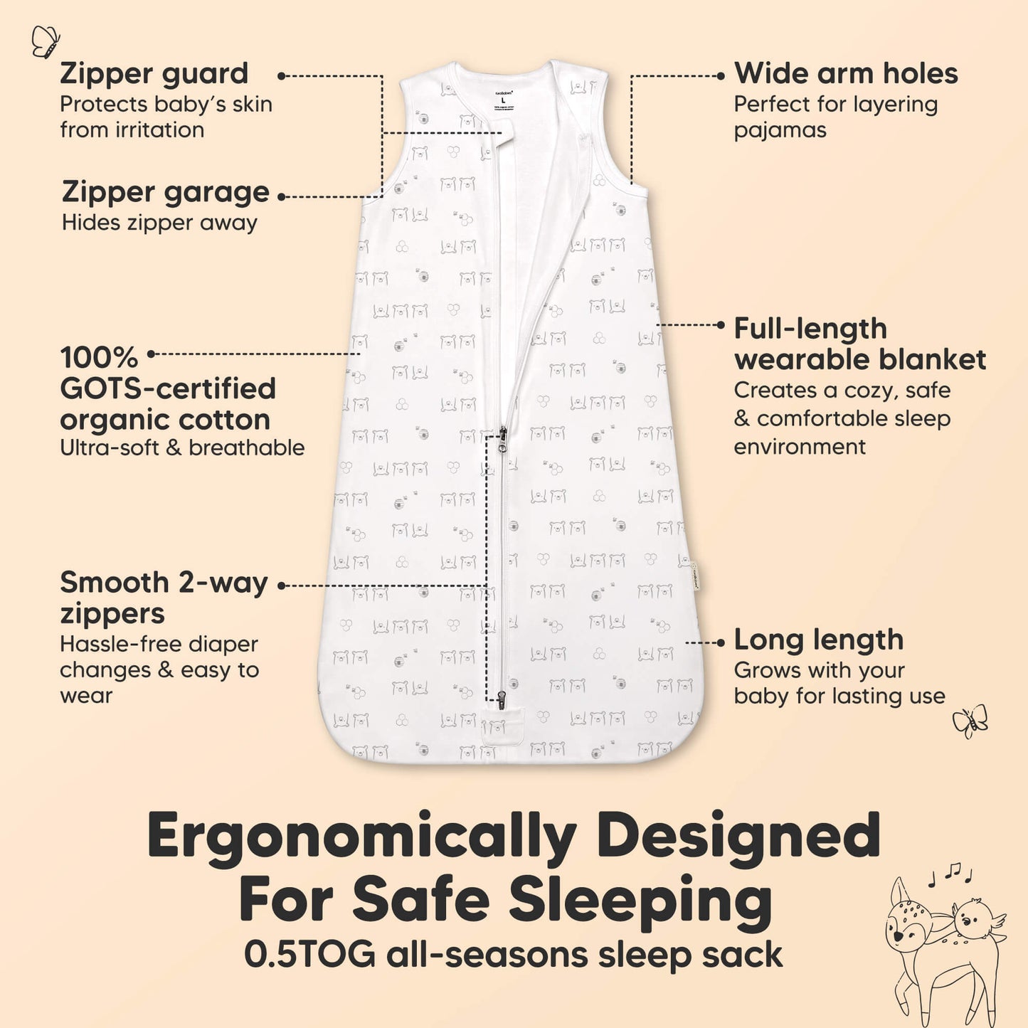 Ergonomically designed 0.5 TOG GOTS-certified organic cotton sleep sack with smooth 2-way zipper, zipper guard & wide arm holes 29215609716922