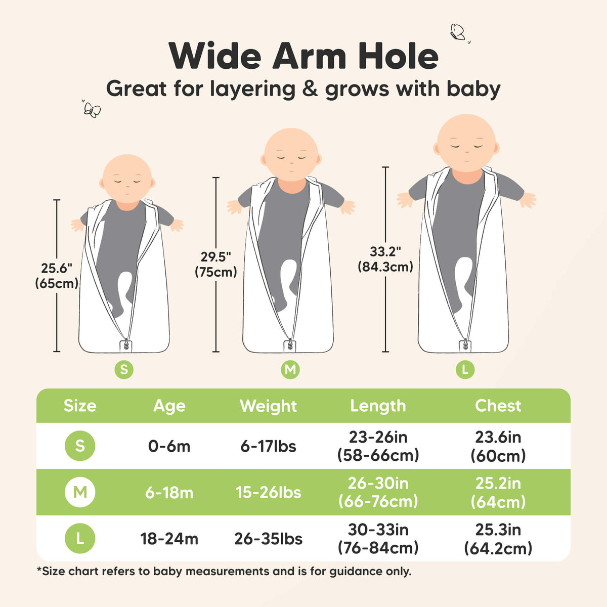Wide Arm Hole (great for layering and grows with baby) - Small (0-6months, 6-17lbs weight, 23-26" length, 23.6" chest wide), Medium (6-18months, 15-26lbs weight, 26-30" length, 25.2" chest wide), Large (18-24months, 26-35lbs weight, 30-33" length, 25.3" chest wide) 47139689693370