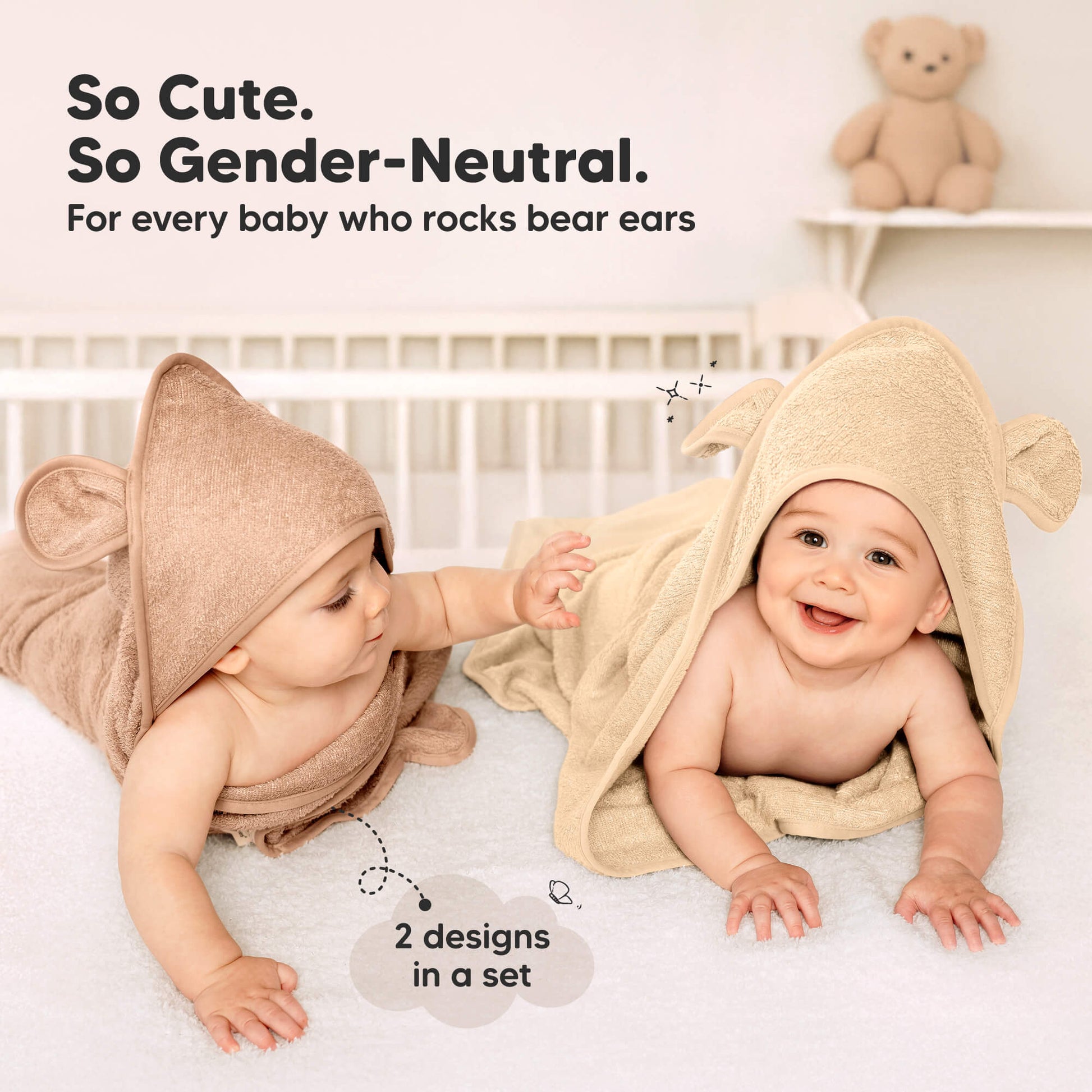 So cute gender-neutral hooded towels with two designs included in one set.
 30288574218426