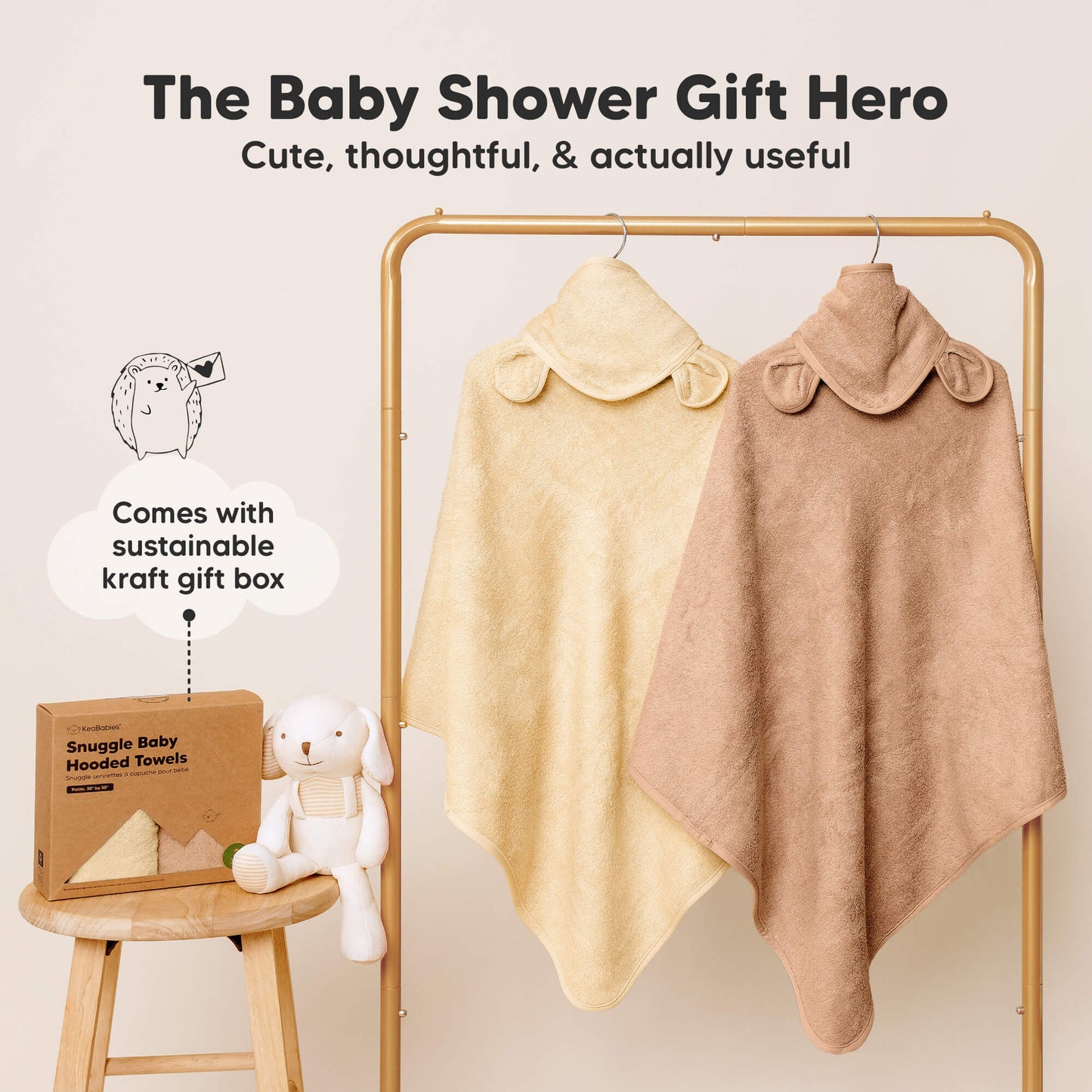 Baby shower gift-ready hooded towel set that comes with a sustainable kraft gift box.
 30288574447802