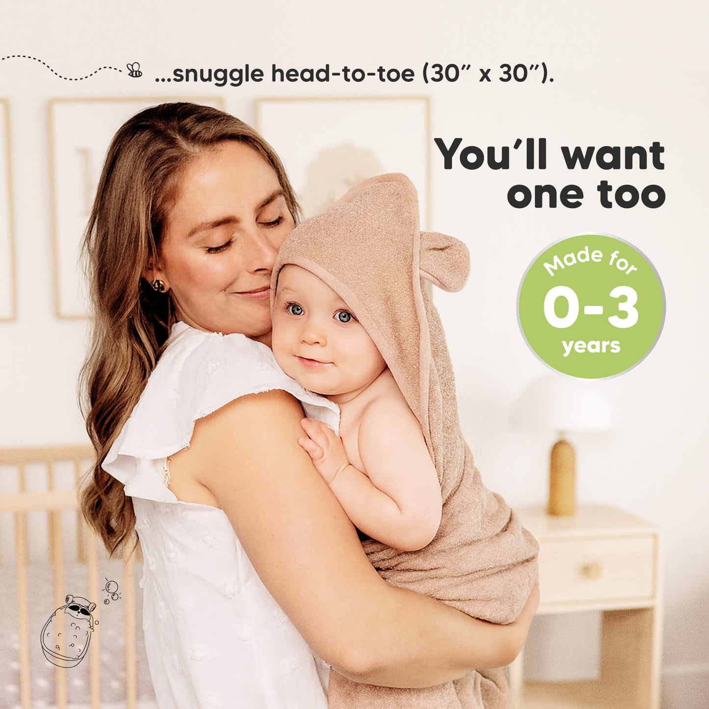 Snuggle head-to-toe hooded towel sized about 30 × 30 inches and suitable for babies 0–3 years.
 30288574251194