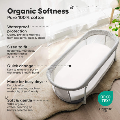 Organic Softness - Pure 100% 
Waterproof protection
that quietly protects mattress from accidents, spills & stains

Sized to fit 33" x 17" x 4" can be fit on Rectangle, hourglass, oval mattresses

Quick change Easy to remove & put on with elastic SnugFit Band

Made for busy days - Durable after multiple washes, machine washable, dryer-friendly

OEKO TEX®
STANDARD 100 31972123115706