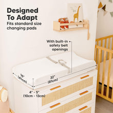 Load image into Gallery viewer, Designed to adapt - fits standard size changing pads size at 32inches long, 16inches wide, and 4-5inches depth (with built in safety belt openings)

