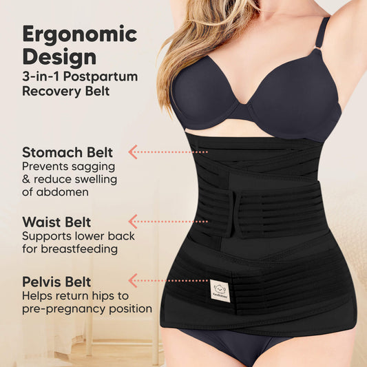 Black postpartum recovery belt with features highlighted on a beige background-on-hover
