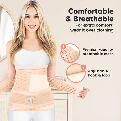 Woman wearing a beige compression garment with text highlighting comfort and features. 31316950876346