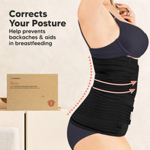 Load image into Gallery viewer, Woman wearing a black posture corrector with text highlighting its benefits on a beige background.
