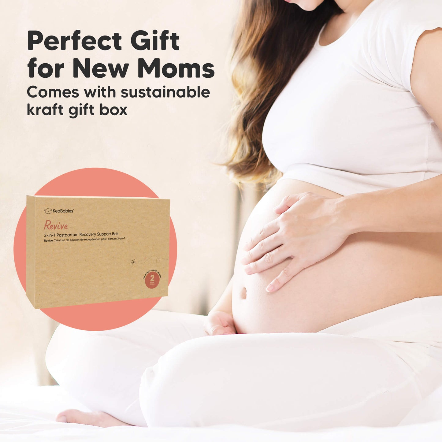 Pregnant woman holding her belly with a sustainable kraft gift box labeled 'Revive' displayed. 31316950417594