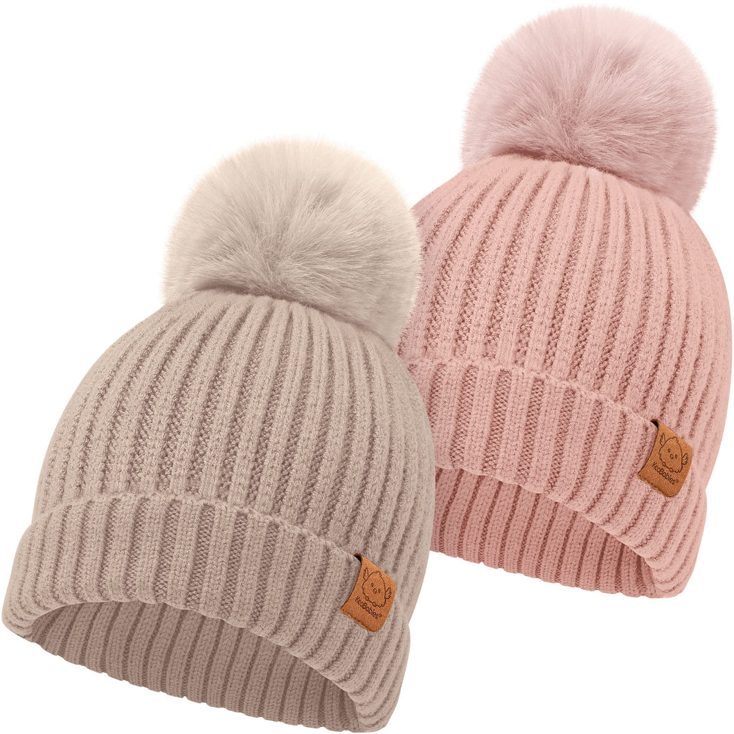 2-Pack Pom Knitted Beanie (Fawn)
