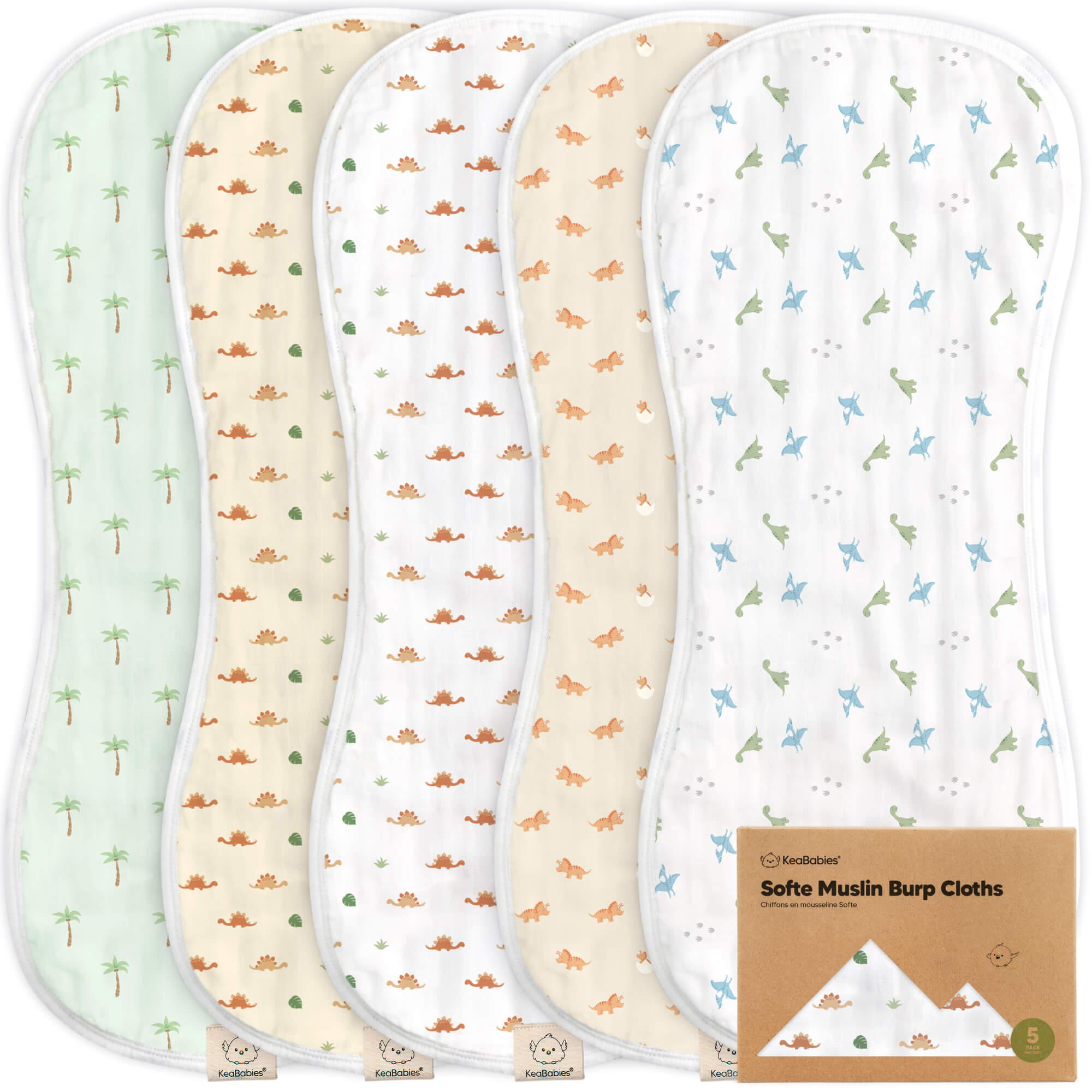 KeaBabies 5pk Softe Muslin Burp Cloths for Baby Girls and Boys, Organic Burping Cloths for Babies, Baby Burp Clothes - Roarsome
