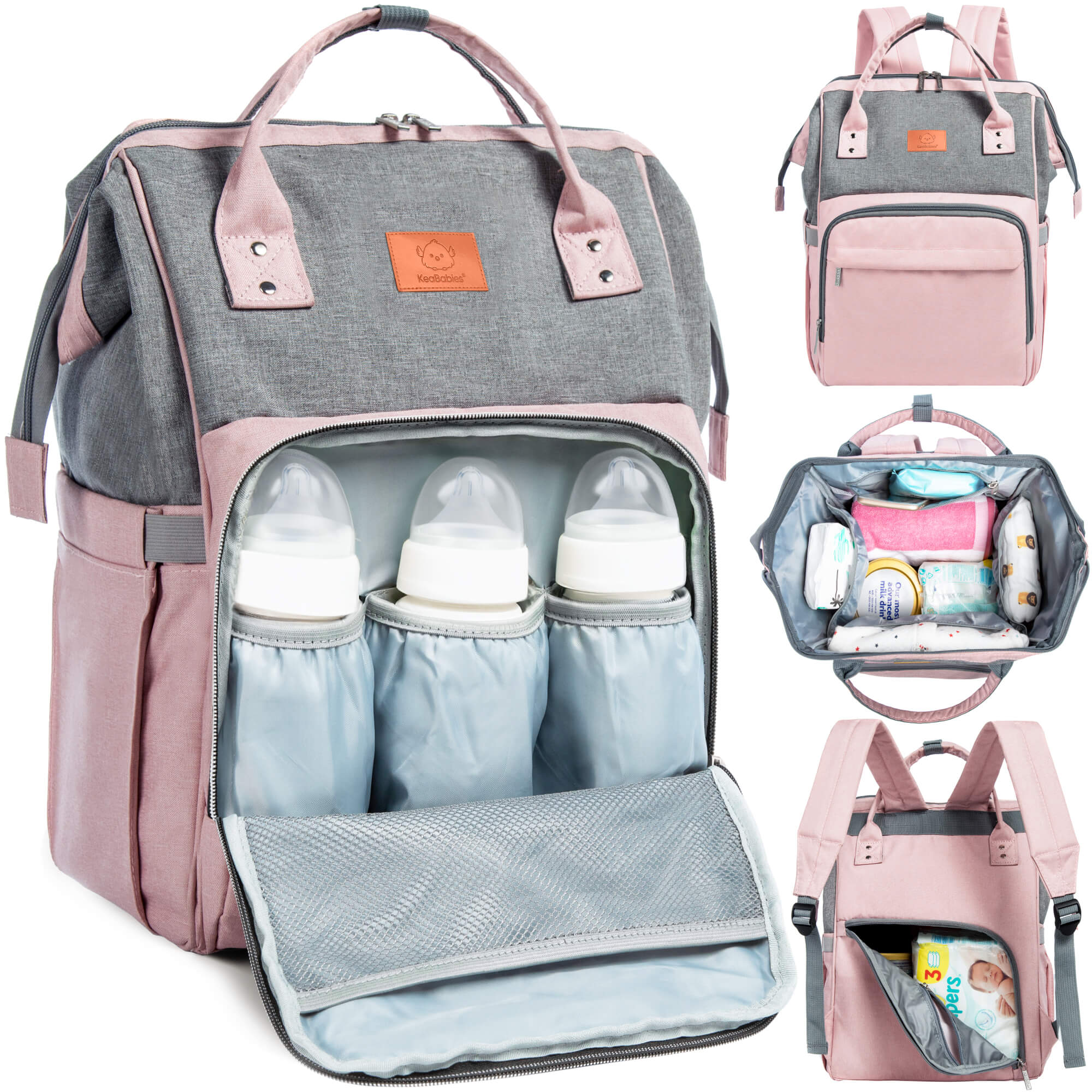 KeaBabies Original Diaper Bag/Backpack - Pink Gray