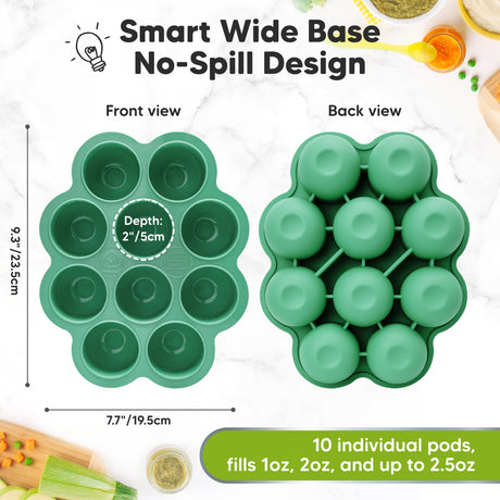 Smart Wide Base No-Spill Design, Front view, Back view, 10 individual pods, Fills 1oz, 2oz, and up to 2.5oz.
