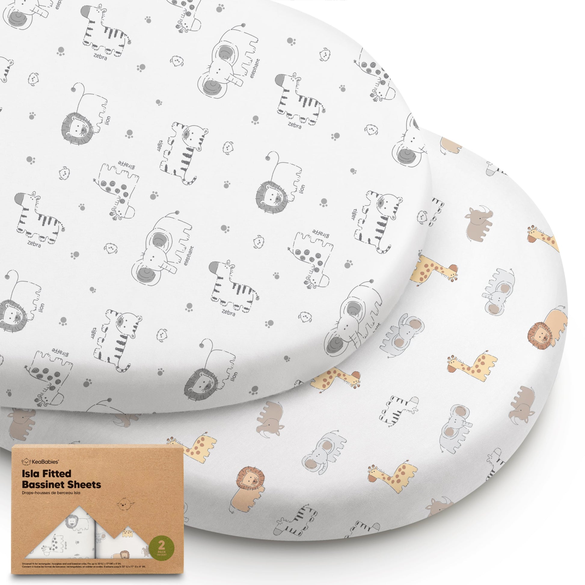 Two fitted bassinet sheets in safari animal prints with packaging 27807049908410